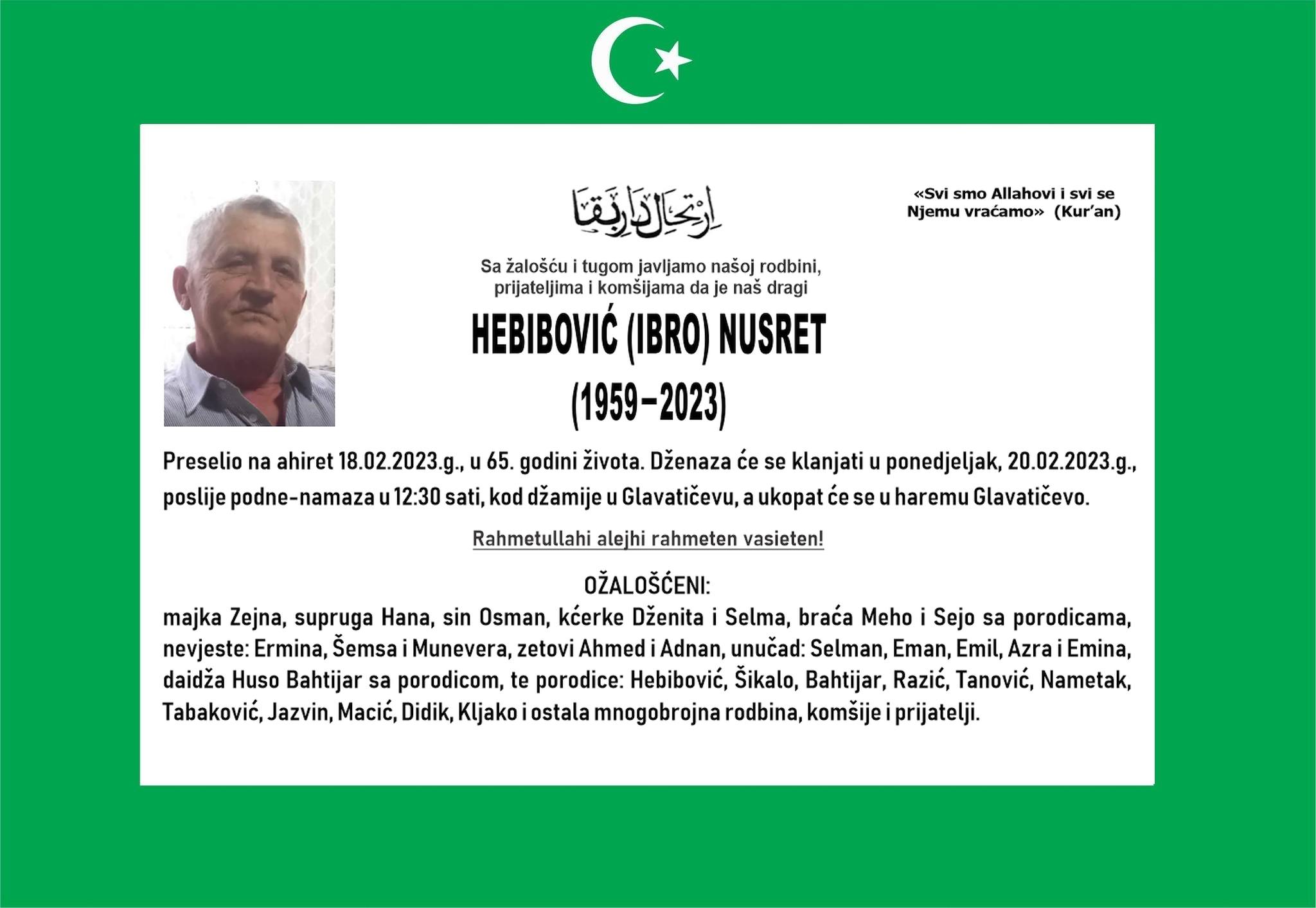 GLAVATIČEVO  DŽENAZA: Hebibović (Ibro) Nusret - Novi Konjic