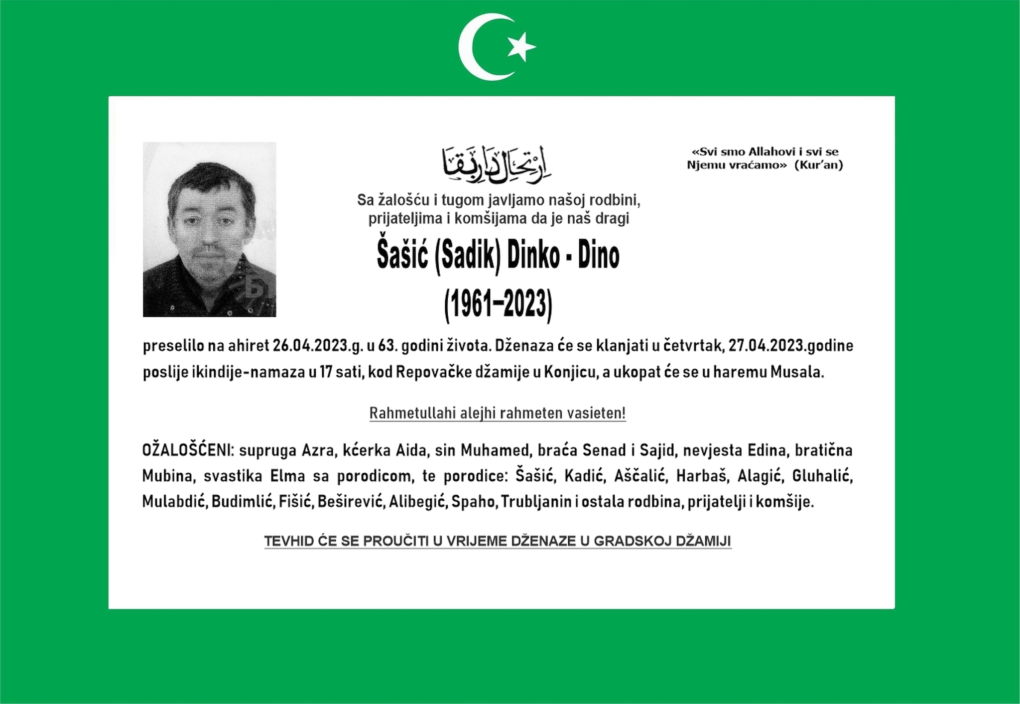 DŽENAZA: ŠAŠIĆ (Sadik) DINKO, 1961.-2023. - Novi Konjic